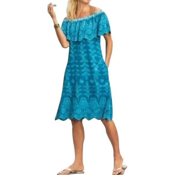 Soft Surroundings Dresses & Skirts - Soft Surroundings Off-Shoulder Eyelet Lace Dress with Ruffle Detail in Turquoise
